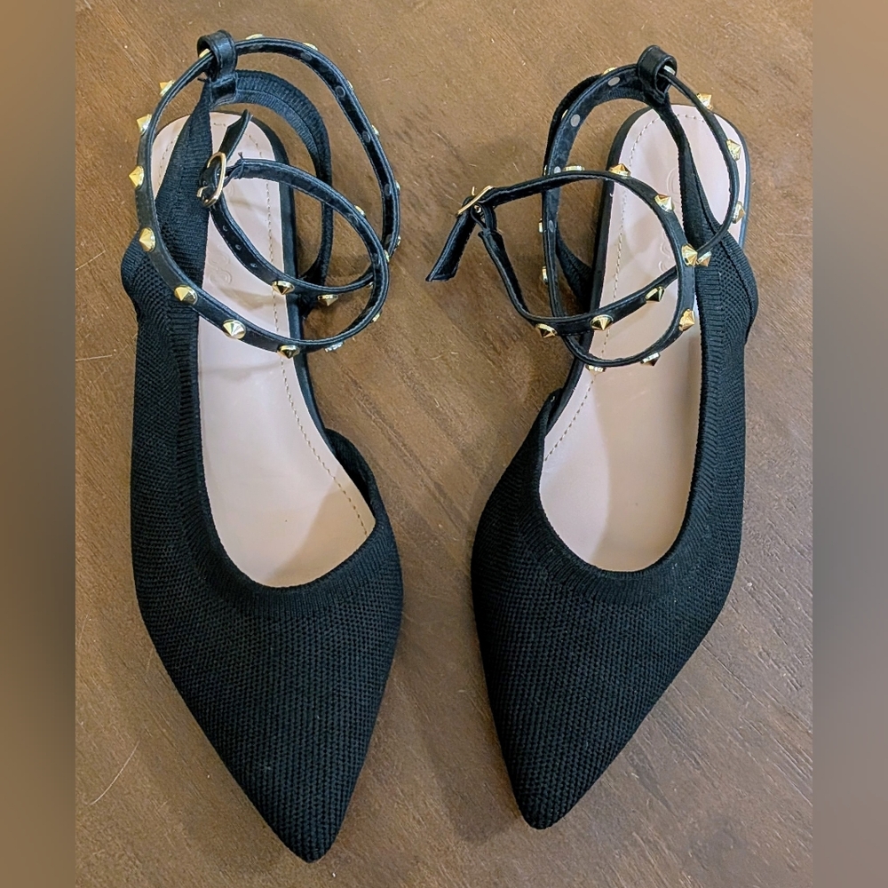 Cuccoo Black Flat Sling Back Shoes with Gold Studded Ankle Straps Size 8 (38)